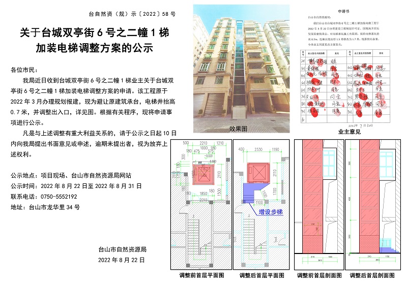臺自然資（規(guī)）示﹝2022﹞58號-關于臺城雙亭街6號之二幢1梯加裝電梯調整方案的公示.jpg